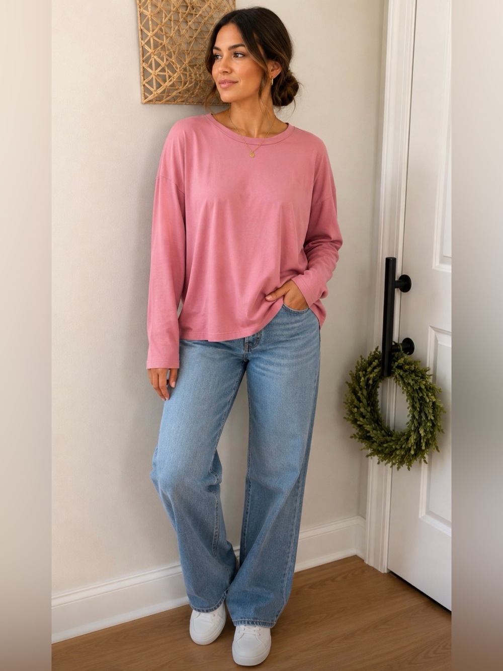 French Pink Long-Sleeve Women's cotton Top medium